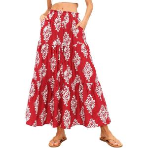 image:imageBTFBM Long Skirts for Women Summer 2026 Elastic High Waist Flowy A Line Casual Boho Tiered Floral Maxi Skirt PocketsFloral Red White Flower