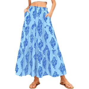 image:imageBTFBM Long Skirts for Women Summer 2026 Elastic High Waist Flowy A Line Casual Boho Tiered Floral Maxi Skirt PocketsLight Blue Blue Flower
