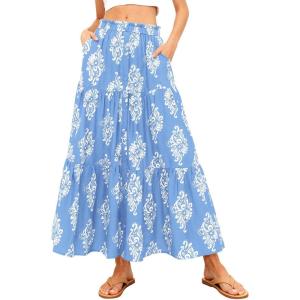 image:imageBTFBM Long Skirts for Women Summer 2026 Elastic High Waist Flowy A Line Casual Boho Tiered Floral Maxi Skirt PocketsLight Blue White Flower