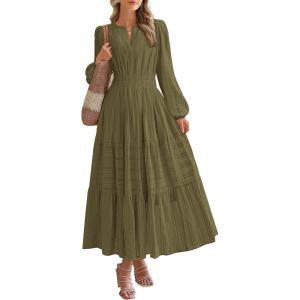 image:imageBTFBM Spring Dresses for Women 2026 Casual Long Sleeve V Neck Elastic Waist Lightweight Maxi Wedding Guest Dress PocketsArmy Green