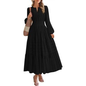 image:imageBTFBM Spring Dresses for Women 2026 Casual Long Sleeve V Neck Elastic Waist Lightweight Maxi Wedding Guest Dress PocketsBlack