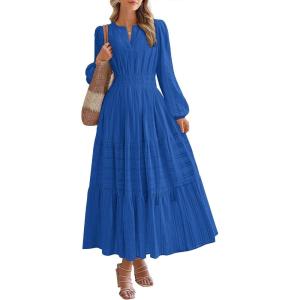 image:imageBTFBM Spring Dresses for Women 2026 Casual Long Sleeve V Neck Elastic Waist Lightweight Maxi Wedding Guest Dress PocketsBlue