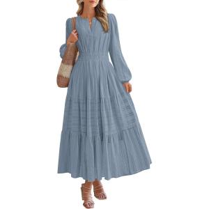 image:imageBTFBM Spring Dresses for Women 2026 Casual Long Sleeve V Neck Elastic Waist Lightweight Maxi Wedding Guest Dress PocketsBlue Grey