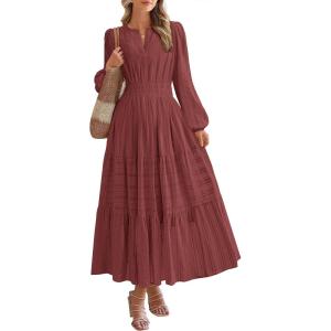 image:imageBTFBM Spring Dresses for Women 2026 Casual Long Sleeve V Neck Elastic Waist Lightweight Maxi Wedding Guest Dress PocketsBrown Red