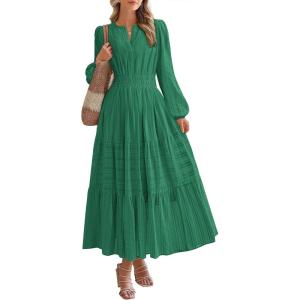 image:imageBTFBM Spring Dresses for Women 2026 Casual Long Sleeve V Neck Elastic Waist Lightweight Maxi Wedding Guest Dress PocketsDark Green