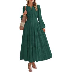 image:imageBTFBM Spring Dresses for Women 2026 Casual Long Sleeve V Neck Elastic Waist Lightweight Maxi Wedding Guest Dress PocketsHunter Green
