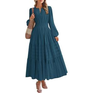 image:imageBTFBM Spring Dresses for Women 2026 Casual Long Sleeve V Neck Elastic Waist Lightweight Maxi Wedding Guest Dress PocketsLake Blue
