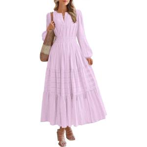 image:imageBTFBM Spring Dresses for Women 2026 Casual Long Sleeve V Neck Elastic Waist Lightweight Maxi Wedding Guest Dress PocketsLight Pink Purple