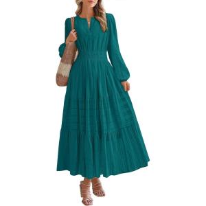 image:imageBTFBM Spring Dresses for Women 2026 Casual Long Sleeve V Neck Elastic Waist Lightweight Maxi Wedding Guest Dress PocketsMalachite Green
