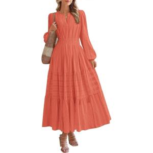 image:imageBTFBM Spring Dresses for Women 2026 Casual Long Sleeve V Neck Elastic Waist Lightweight Maxi Wedding Guest Dress PocketsOrange