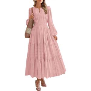 image:imageBTFBM Spring Dresses for Women 2026 Casual Long Sleeve V Neck Elastic Waist Lightweight Maxi Wedding Guest Dress PocketsPink