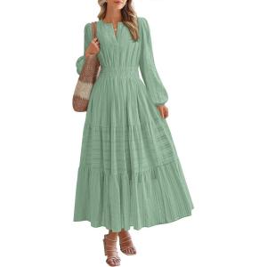 image:imageBTFBM Spring Dresses for Women 2026 Casual Long Sleeve V Neck Elastic Waist Lightweight Maxi Wedding Guest Dress PocketsSage Green