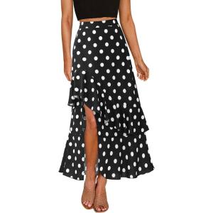 image:imageBTFBM Women 2026 Spring Summer Long Skirts Dress Boho Floral Elastic Waist Split Ruffle High Low Beach Maxi Skirt ClothesPolka Dot Black