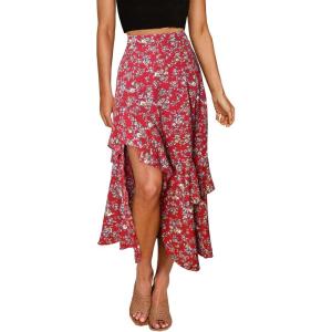 image:imageBTFBM Women 2026 Spring Summer Long Skirts Dress Boho Floral Elastic Waist Split Ruffle High Low Beach Maxi Skirt ClothesPrint Floral Red