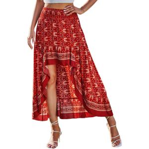 image:imageBTFBM Women 2026 Spring Summer Long Skirts Dress Boho Floral Elastic Waist Split Ruffle High Low Beach Maxi Skirt ClothesX  Floral Red