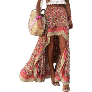 image:imageBTFBM Women 2026 Spring Summer Long Skirts Dress Boho Floral Elastic Waist Split Ruffle High Low Beach Maxi Skirt ClothesXred