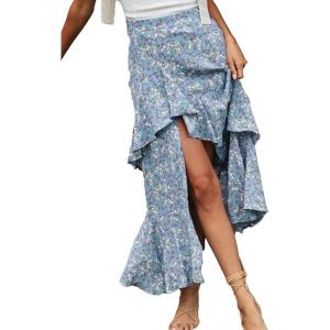 image:imageBTFBM Women 2026 Spring Summer Long Skirts Dress Boho Floral Elastic Waist Split Ruffle High Low Beach Maxi Skirt ClothesZblue