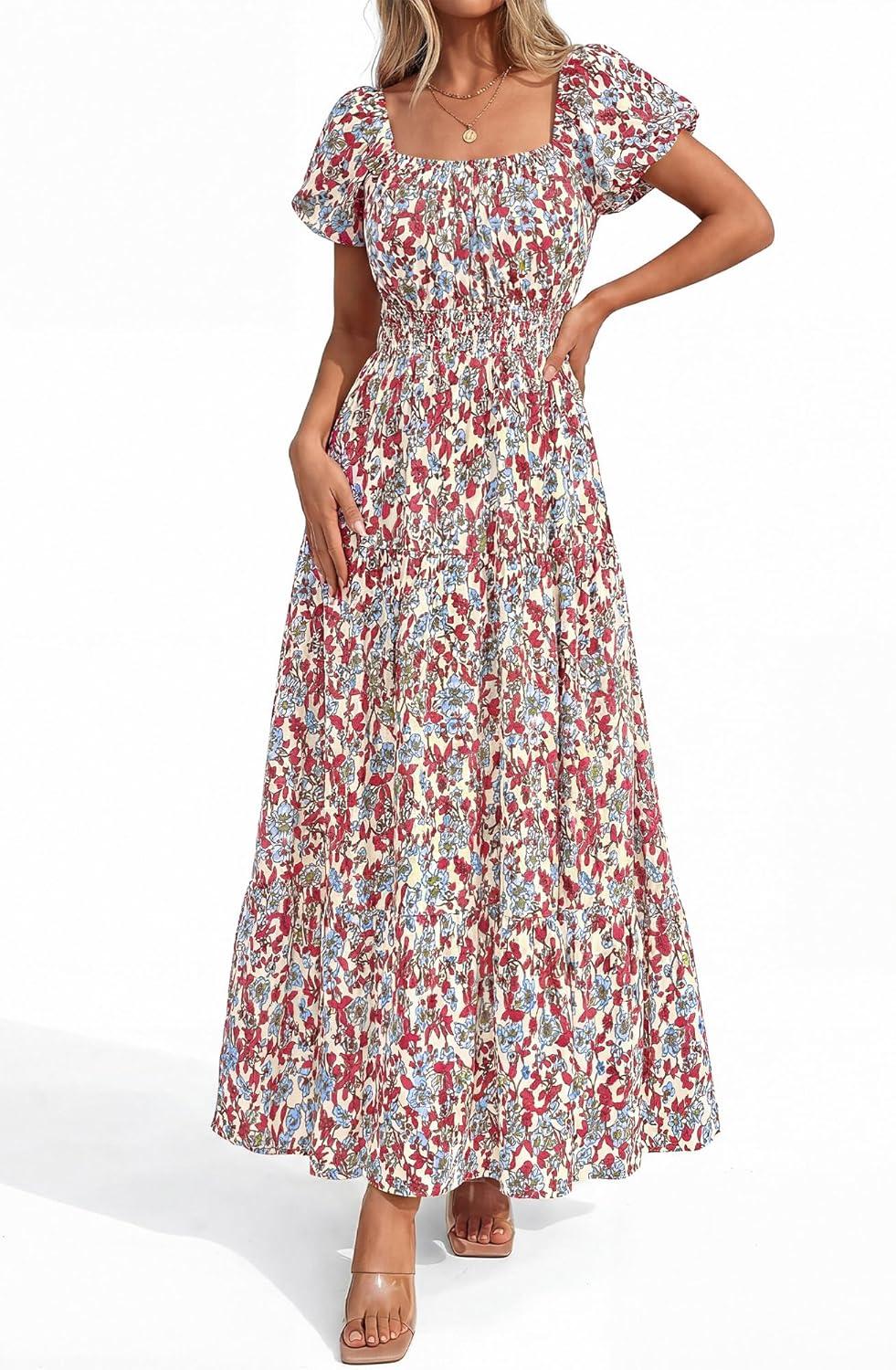 image:imageBTFBM Summer Dress for Women 2026 Spring Floral Short Sleeve Casual Flowy ALine Smocked Tiered Maxi Dresses PocketsFloral Beige Multicolor