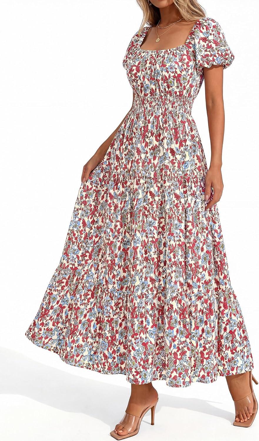image:imageBTFBM Summer Dress for Women 2026 Spring Floral Short Sleeve Casual Flowy ALine Smocked Tiered Maxi Dresses PocketsFloral Beige Multicolor