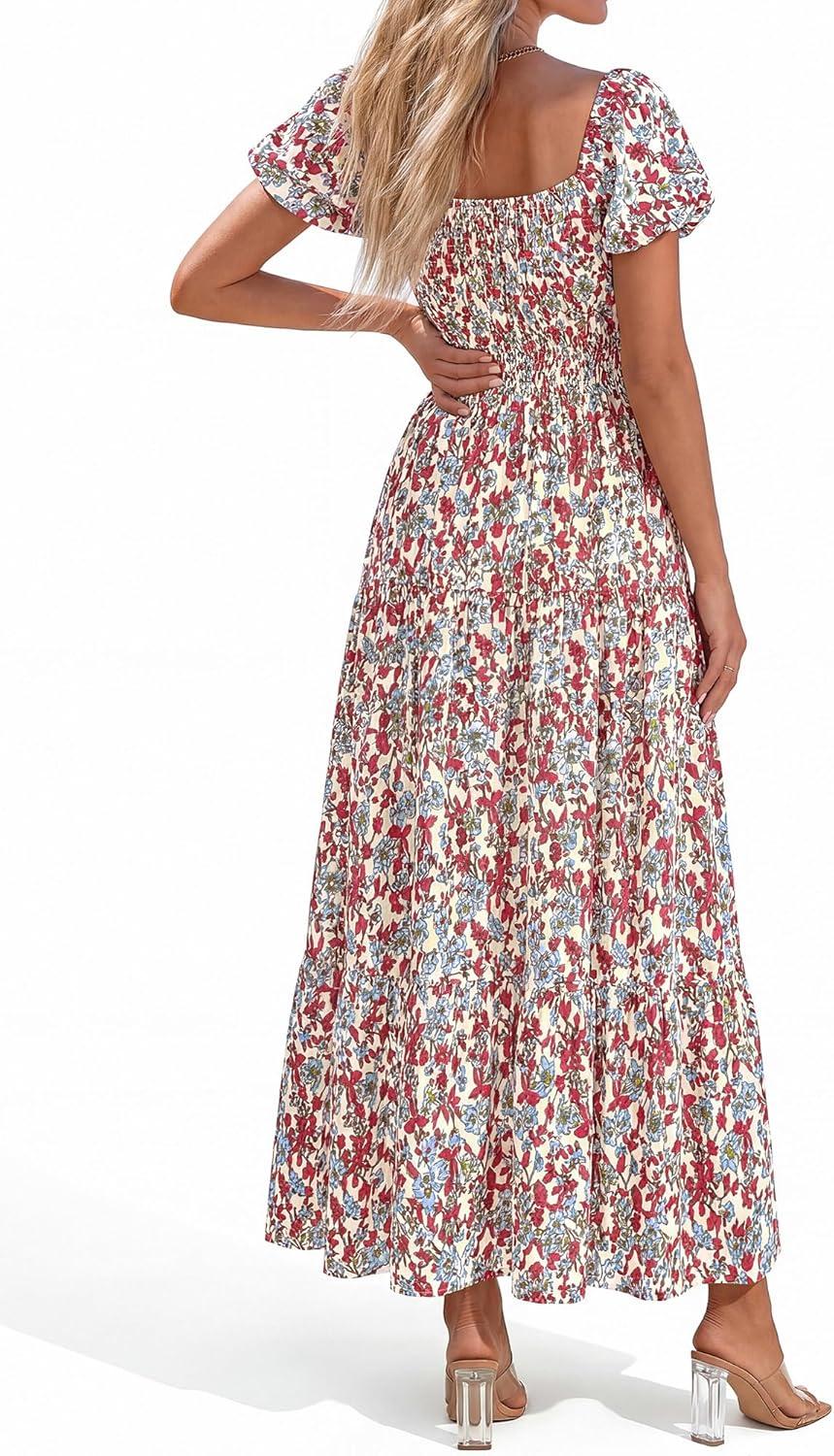 image:imageBTFBM Summer Dress for Women 2026 Spring Floral Short Sleeve Casual Flowy ALine Smocked Tiered Maxi Dresses PocketsFloral Beige Multicolor