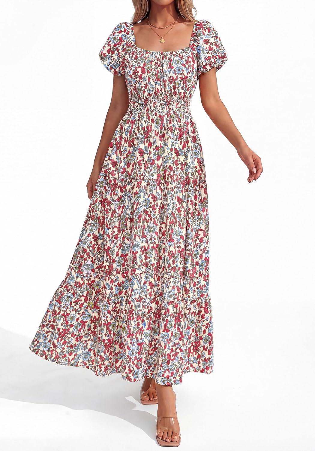 image:imageBTFBM Summer Dress for Women 2026 Spring Floral Short Sleeve Casual Flowy ALine Smocked Tiered Maxi Dresses PocketsFloral Beige Multicolor
