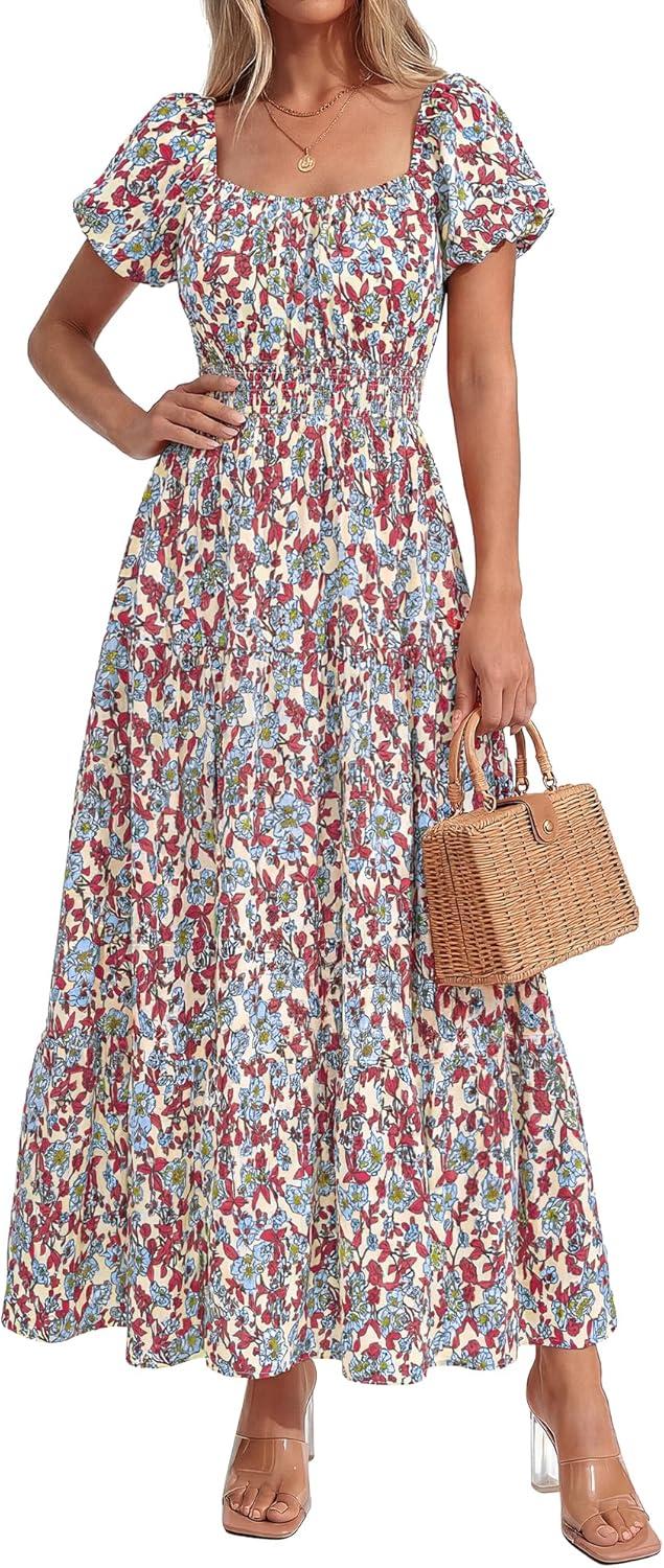 image:imageBTFBM Summer Dress for Women 2026 Spring Floral Short Sleeve Casual Flowy ALine Smocked Tiered Maxi Dresses PocketsFloral Beige Multicolor