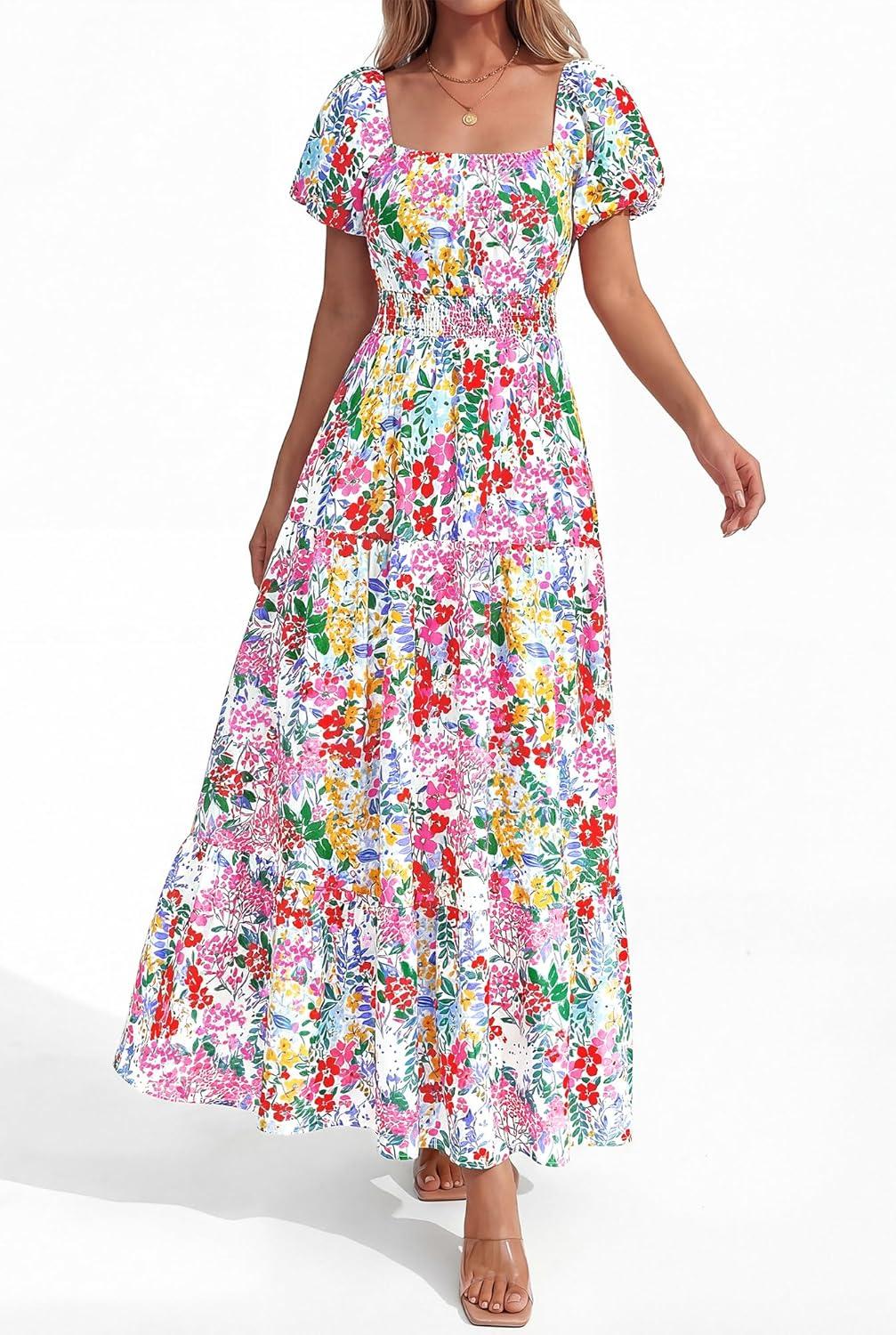 image:imageBTFBM Summer Dress for Women 2026 Spring Floral Short Sleeve Casual Flowy ALine Smocked Tiered Maxi Dresses PocketsFloral White Multicolor