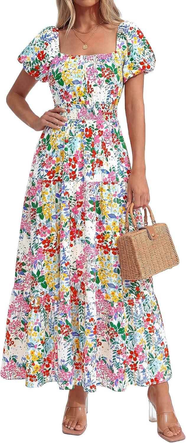image:imageBTFBM Summer Dress for Women 2026 Spring Floral Short Sleeve Casual Flowy ALine Smocked Tiered Maxi Dresses PocketsFloral White Multicolor