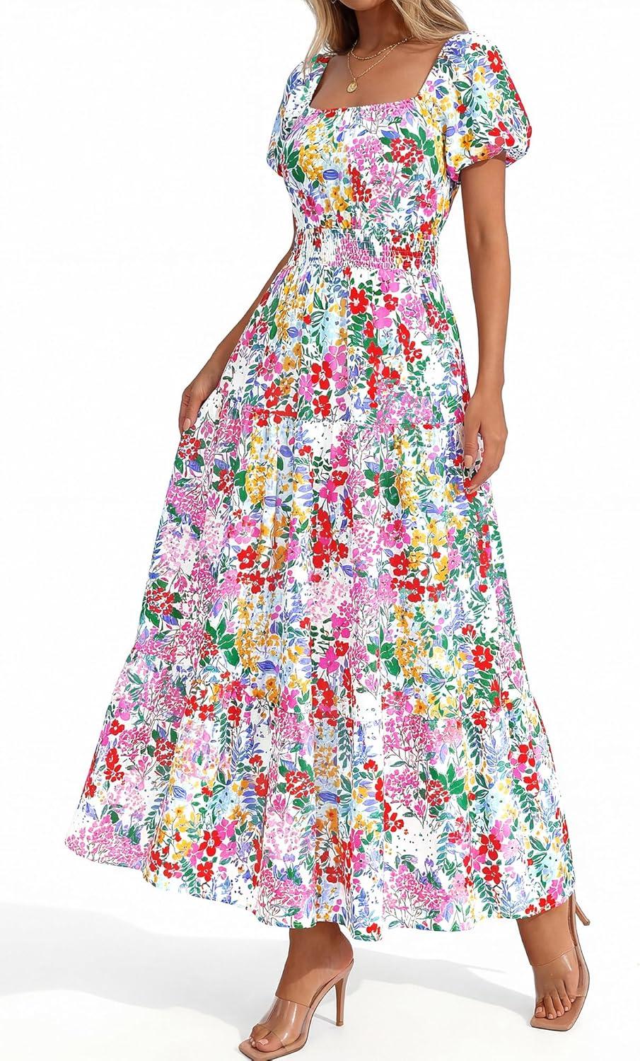 image:imageBTFBM Summer Dress for Women 2026 Spring Floral Short Sleeve Casual Flowy ALine Smocked Tiered Maxi Dresses PocketsFloral White Multicolor