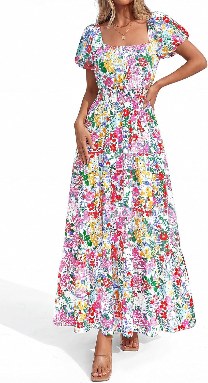 image:imageBTFBM Summer Dress for Women 2026 Spring Floral Short Sleeve Casual Flowy ALine Smocked Tiered Maxi Dresses PocketsFloral White Multicolor