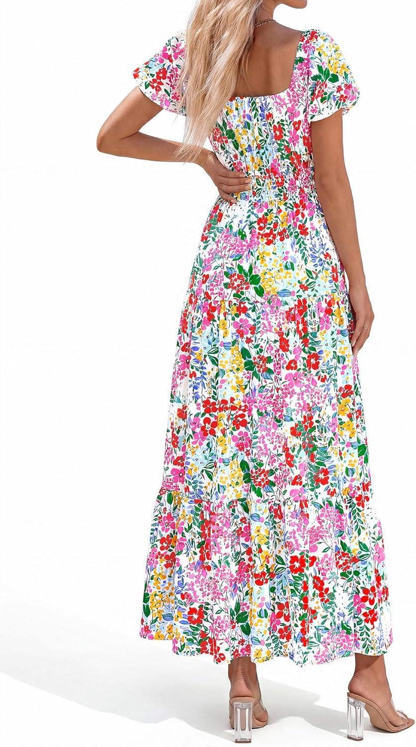 image:imageBTFBM Summer Dress for Women 2026 Spring Floral Short Sleeve Casual Flowy ALine Smocked Tiered Maxi Dresses PocketsFloral White Multicolor