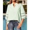 image:imageBTFBM 34 Length Sleeve Womens Tops Summer Blouses Eyelet Hollow Out Button Down Shirts Business Casual Outfits 2026Bean Green