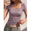 image:imageBTFBM Floral Square Neck Tops for Women 2026 Trendy Summer Outfits Short Sleeve Shirts Boho Top Beach Vacation ClothesBlack Purple Pink Flower
