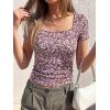 image:imageBTFBM Floral Square Neck Tops for Women 2026 Trendy Summer Outfits Short Sleeve Shirts Boho Top Beach Vacation ClothesBlack Purple Pink Flower