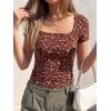 image:imageBTFBM Floral Square Neck Tops for Women 2026 Trendy Summer Outfits Short Sleeve Shirts Boho Top Beach Vacation ClothesBrown Beige Flower