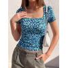 image:imageBTFBM Floral Square Neck Tops for Women 2026 Trendy Summer Outfits Short Sleeve Shirts Boho Top Beach Vacation ClothesDark Blue Blue Flower