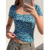 image:imageBTFBM Floral Square Neck Tops for Women 2026 Trendy Summer Outfits Short Sleeve Shirts Boho Top Beach Vacation ClothesDark Blue Blue Flower