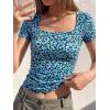 image:imageBTFBM Floral Square Neck Tops for Women 2026 Trendy Summer Outfits Short Sleeve Shirts Boho Top Beach Vacation ClothesDark Blue Blue Flower