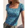 image:imageBTFBM Floral Square Neck Tops for Women 2026 Trendy Summer Outfits Short Sleeve Shirts Boho Top Beach Vacation ClothesDark Blue Blue Flower