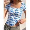image:imageBTFBM Floral Square Neck Tops for Women 2026 Trendy Summer Outfits Short Sleeve Shirts Boho Top Beach Vacation ClothesWhite Blue Flower