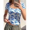 image:imageBTFBM Floral Square Neck Tops for Women 2026 Trendy Summer Outfits Short Sleeve Shirts Boho Top Beach Vacation ClothesWhite Blue Flower