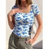 image:imageBTFBM Floral Square Neck Tops for Women 2026 Trendy Summer Outfits Short Sleeve Shirts Boho Top Beach Vacation ClothesWhite Blue Flower