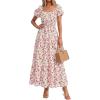image:imageBTFBM Summer Dress for Women 2026 Spring Floral Short Sleeve Casual Flowy ALine Smocked Tiered Maxi Dresses PocketsFloral Apricot Red