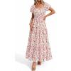 image:imageBTFBM Summer Dress for Women 2026 Spring Floral Short Sleeve Casual Flowy ALine Smocked Tiered Maxi Dresses PocketsFloral Apricot Red