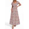 image:imageBTFBM Summer Dress for Women 2026 Spring Floral Short Sleeve Casual Flowy ALine Smocked Tiered Maxi Dresses PocketsFloral Beige Multicolor