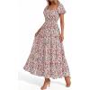 image:imageBTFBM Summer Dress for Women 2026 Spring Floral Short Sleeve Casual Flowy ALine Smocked Tiered Maxi Dresses PocketsFloral Beige Multicolor