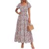 image:imageBTFBM Summer Dress for Women 2026 Spring Floral Short Sleeve Casual Flowy ALine Smocked Tiered Maxi Dresses PocketsFloral Beige Multicolor