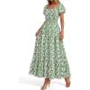 image:imageBTFBM Summer Dress for Women 2026 Spring Floral Short Sleeve Casual Flowy ALine Smocked Tiered Maxi Dresses PocketsFloral Green White