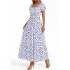image:imageBTFBM Summer Dress for Women 2026 Spring Floral Short Sleeve Casual Flowy ALine Smocked Tiered Maxi Dresses PocketsFloral White Blue