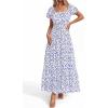 image:imageBTFBM Summer Dress for Women 2026 Spring Floral Short Sleeve Casual Flowy ALine Smocked Tiered Maxi Dresses PocketsFloral White Blue